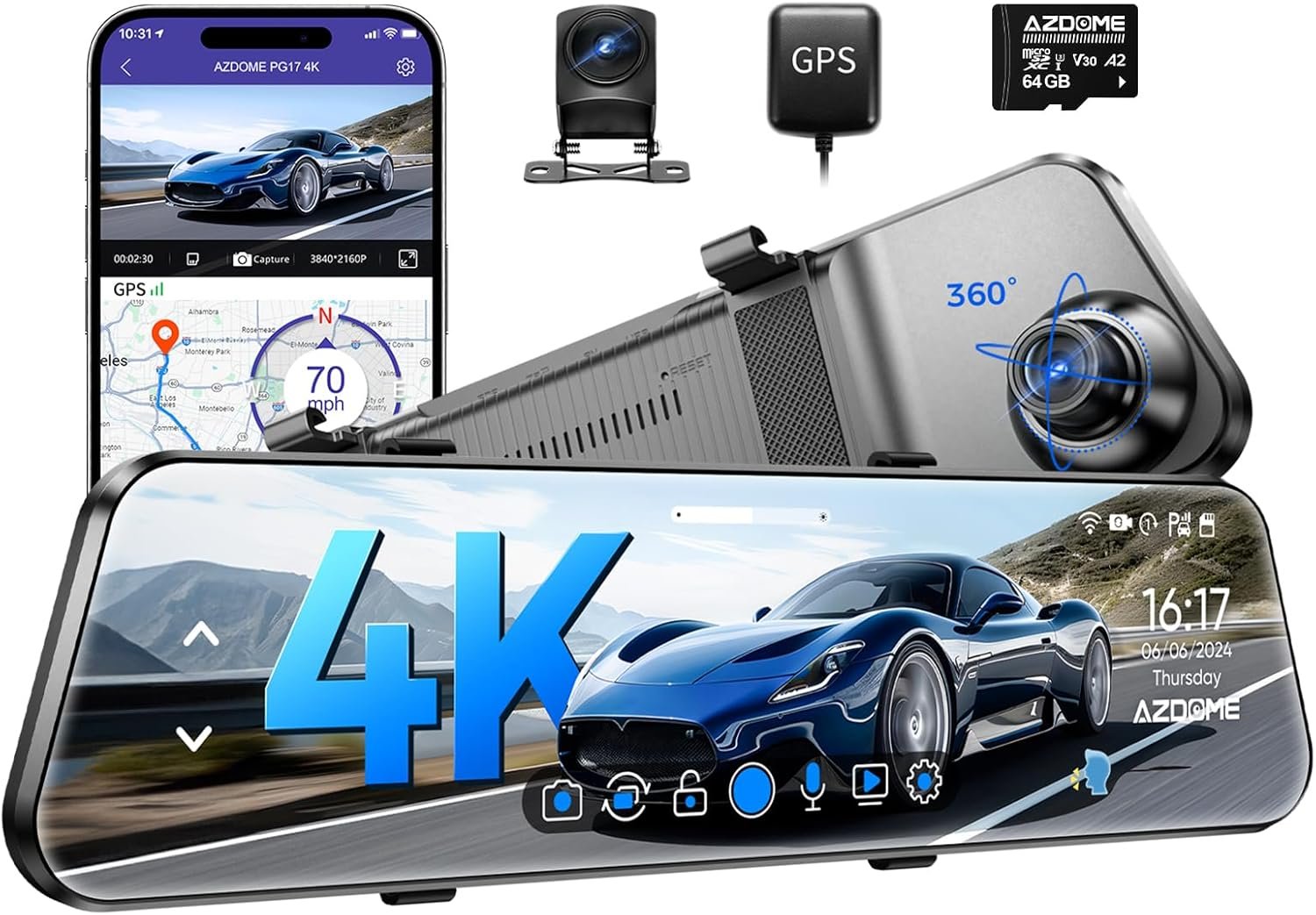 Read more about the article 【折后价:$65.99 Prime包邮】 AZDOME PG17 4K 12 英寸前后后视镜行车记录仪